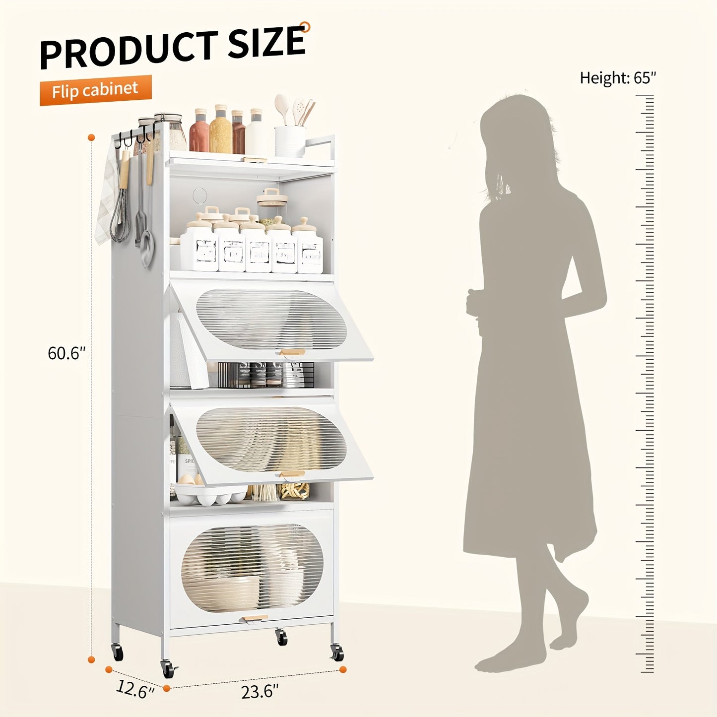 Storage Cabinet with 4pcs Doors, 5 Tier Metal Kitchen Pantry with Universal Wheels, 60.6\