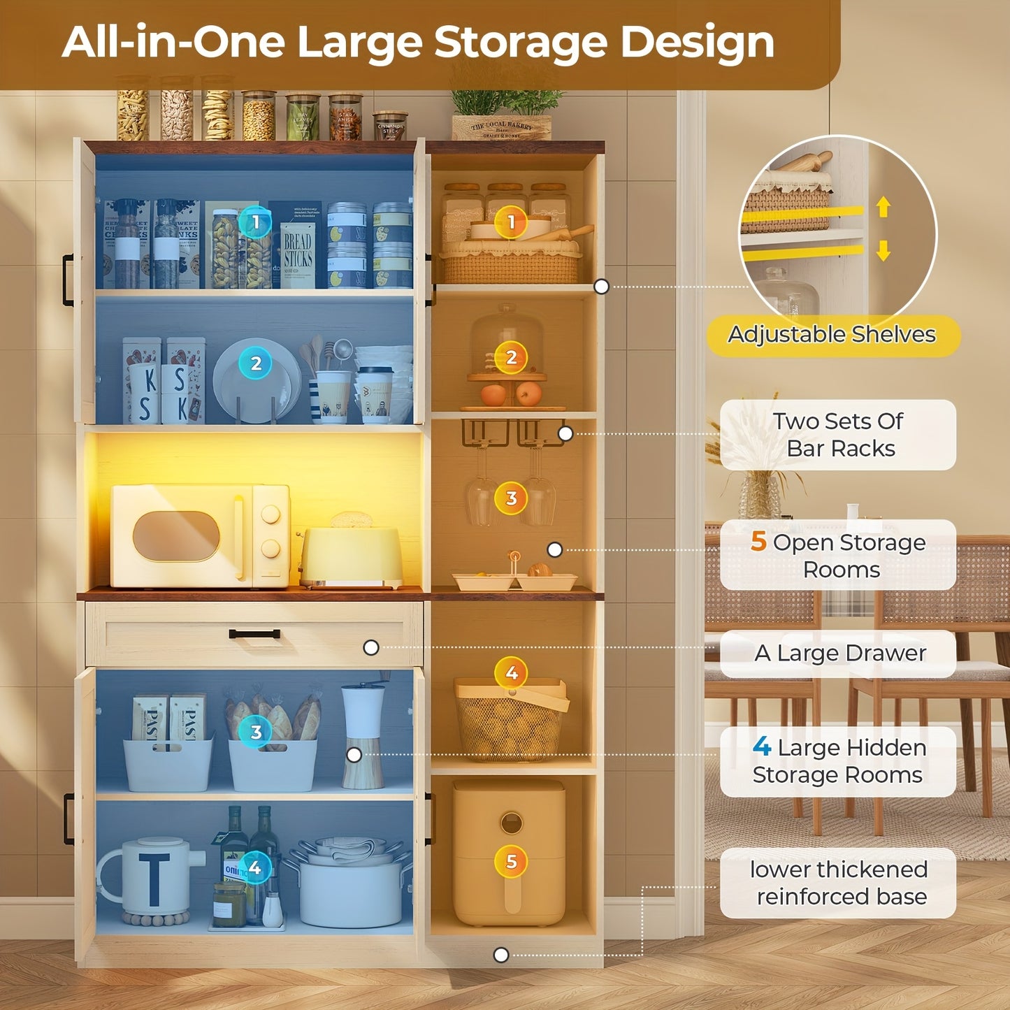 Kitchen Pantry Storage Cabinet With Bar Cabinet Drawers & Shelves, Freestanding Hutch And Adjustable Shelves, Versatile Storage