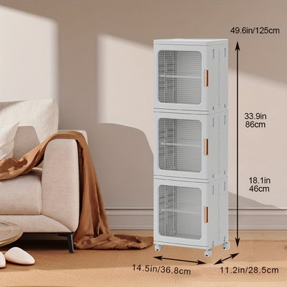 3 Tier High Capacity Stackable Plastic Storage Bins With Lids, Wheel, and Transparent Door Panels, Collapsible Folding Storage Containers For Closet Organizer Bedroom Home