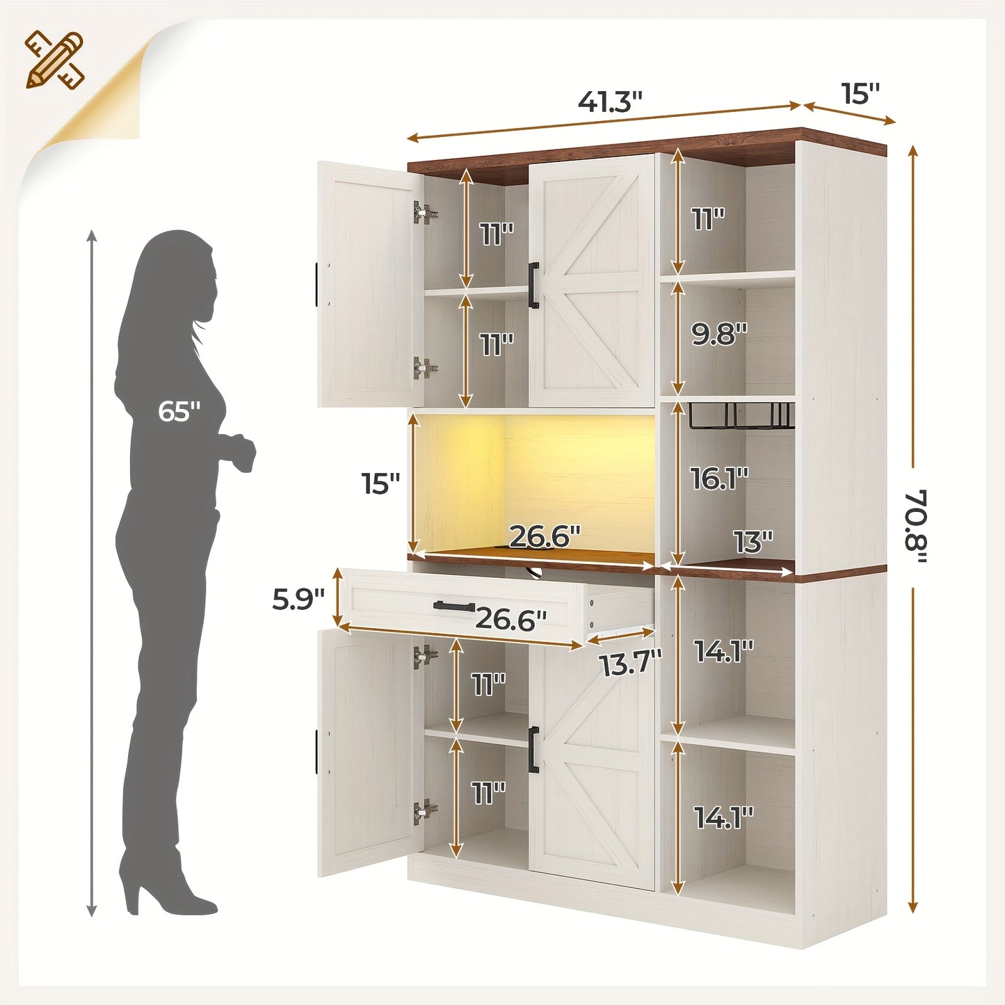 Kitchen Pantry Storage Cabinet With Bar Cabinet Drawers & Shelves, Freestanding Hutch And Adjustable Shelves, Versatile Storage