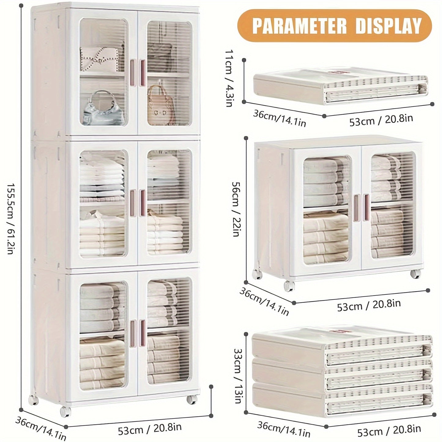 3 Tier High Capacity Stackable Plastic Storage Bins With Lids, Wheel, and Transparent Door Panels, Collapsible Folding Storage Containers For Closet Organizer Bedroom Home