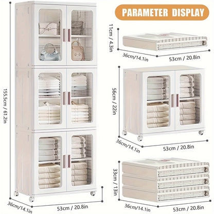 3 Tier High Capacity Stackable Plastic Storage Bins With Lids, Wheel, and Transparent Door Panels, Collapsible Folding Storage Containers For Closet Organizer Bedroom Home