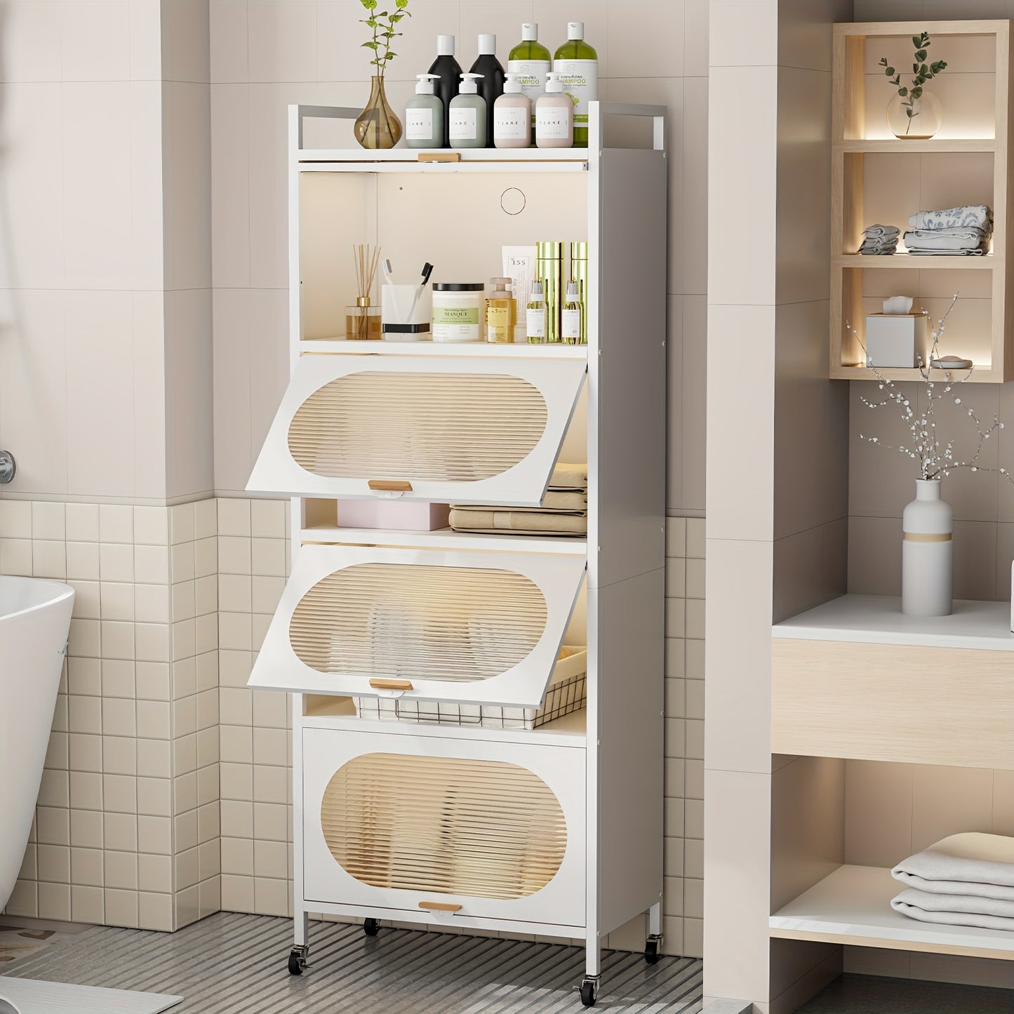 Storage Cabinet with 4pcs Doors, 5 Tier Metal Kitchen Pantry with Universal Wheels, 60.6\