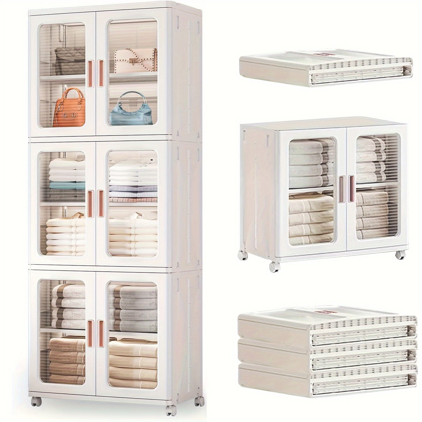 3 Tier High Capacity Stackable Plastic Storage Bins With Lids, Wheel, and Transparent Door Panels, Collapsible Folding Storage Containers For Closet Organizer Bedroom Home