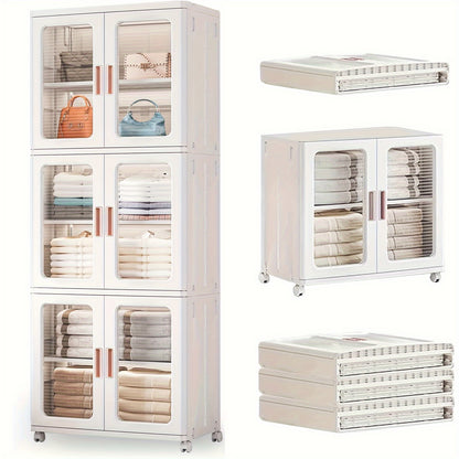 3 Tier High Capacity Stackable Plastic Storage Bins With Lids, Wheel, and Transparent Door Panels, Collapsible Folding Storage Containers For Closet Organizer Bedroom Home