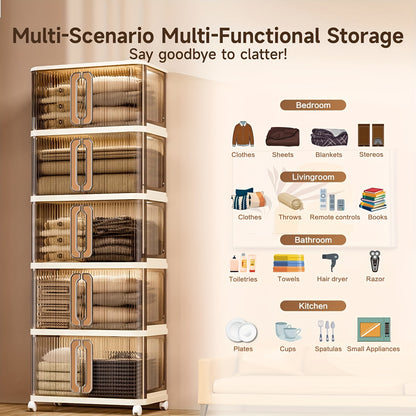 4\u002F5 Layer Stackable Storage Boxes with Lids And Wheels - Plastic Storage Boxes, Foldable Storage Boxes with Doors, Kitchen Storage Boxes, Folding Cabinets, Bathroom Storage Boxes, Closet Organizers And Storage Cabinets for Home, Office, Kitchen