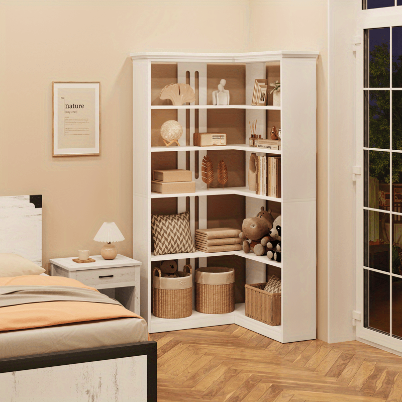 Cabihome 72. 8 Inch L-Shaped Corner Bookcase, 5-Layer Large Modern Bookshelf, Vertical Bookcase, Floor-standing Display Cabinet Storage Rack for Home Office, Living Room, Hallway, Study, Bedroom (White\u002F Vintage Color)