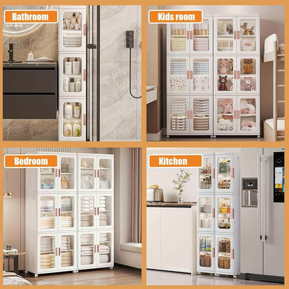 3 Tier High Capacity Stackable Plastic Storage Bins With Lids, Wheel, and Transparent Door Panels, Collapsible Folding Storage Containers For Closet Organizer Bedroom Home