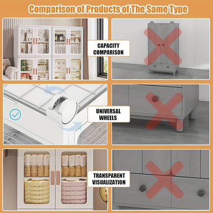 3 Tier High Capacity Stackable Plastic Storage Bins With Lids, Wheel, and Transparent Door Panels, Collapsible Folding Storage Containers For Closet Organizer Bedroom Home