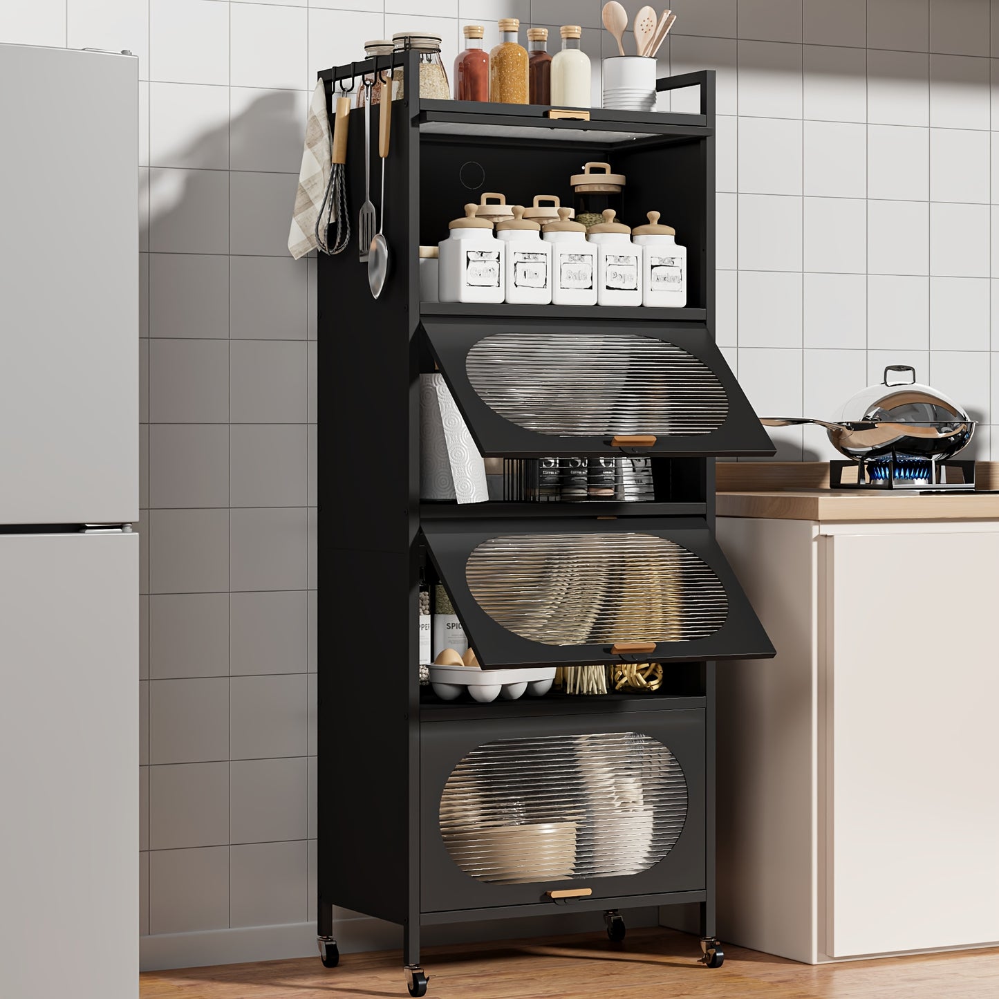 Storage Cabinet with 4pcs Doors, 5 Tier Metal Kitchen Pantry with Universal Wheels, 60.6\