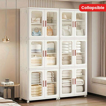 3 Tier High Capacity Stackable Plastic Storage Bins With Lids, Wheel, and Transparent Door Panels, Collapsible Folding Storage Containers For Closet Organizer Bedroom Home