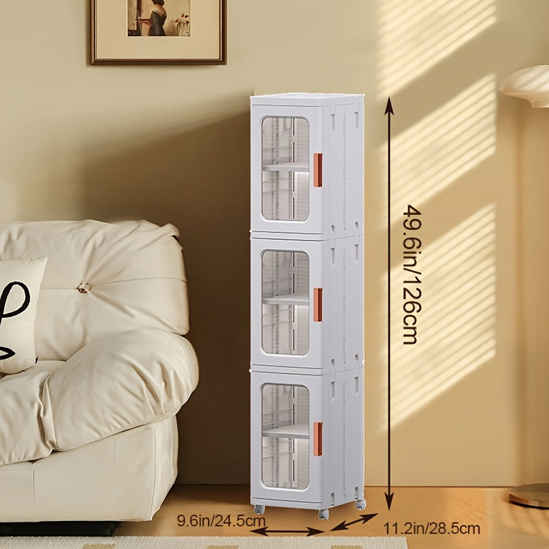 3 Tier High Capacity Stackable Plastic Storage Bins With Lids, Wheel, and Transparent Door Panels, Collapsible Folding Storage Containers For Closet Organizer Bedroom Home