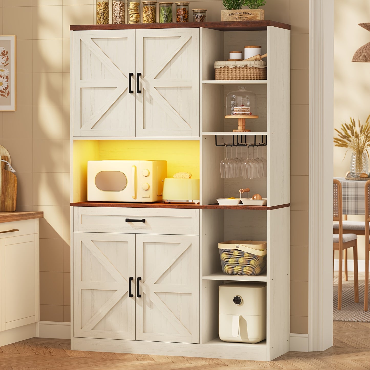 Kitchen Pantry Storage Cabinet With Bar Cabinet Drawers & Shelves, Freestanding Hutch And Adjustable Shelves, Versatile Storage